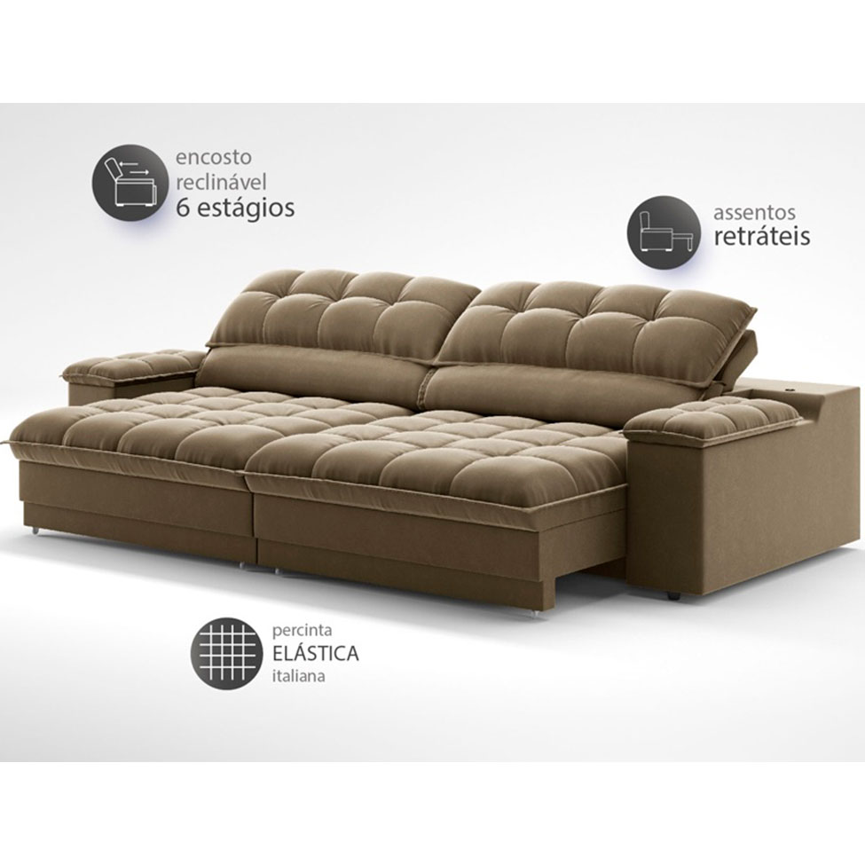 Sofá 3 Lugares Retrátil e Reclinável Helen com USB e Porta-Copos Veludo Castor 210 cm