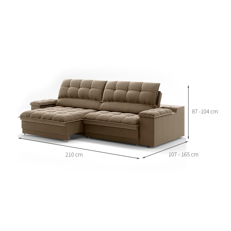 Sofá 3 Lugares Retrátil e Reclinável Helen com USB e Porta-Copos Veludo Castor 210 cm