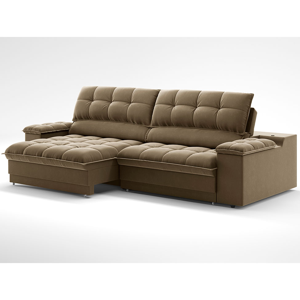 Sofá 3 Lugares Retrátil e Reclinável Helen com USB e Porta-Copos Veludo Castor 230 cm