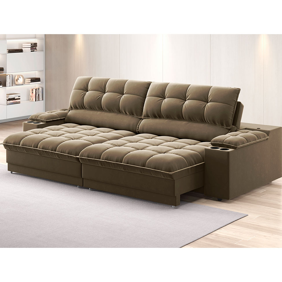 Sofá 3 Lugares Retrátil e Reclinável Helen com USB e Porta-Copos Veludo Castor 230 cm