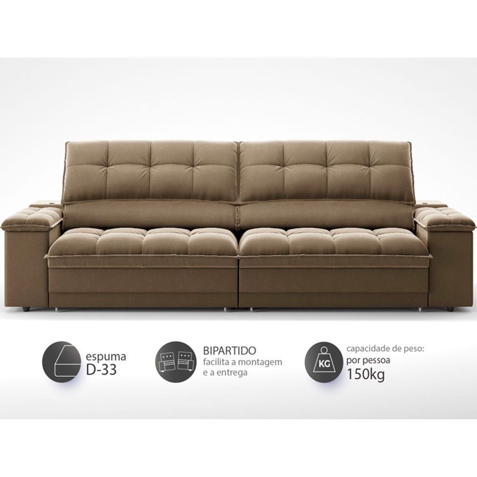 Sofá 3 Lugares Retrátil e Reclinável Helen com USB e Porta-Copos Veludo Castor 230 cm