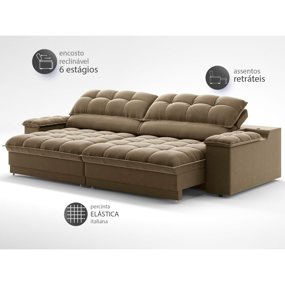 Sofá 3 Lugares Retrátil e Reclinável Helen com USB e Porta-Copos Veludo Castor 230 cm