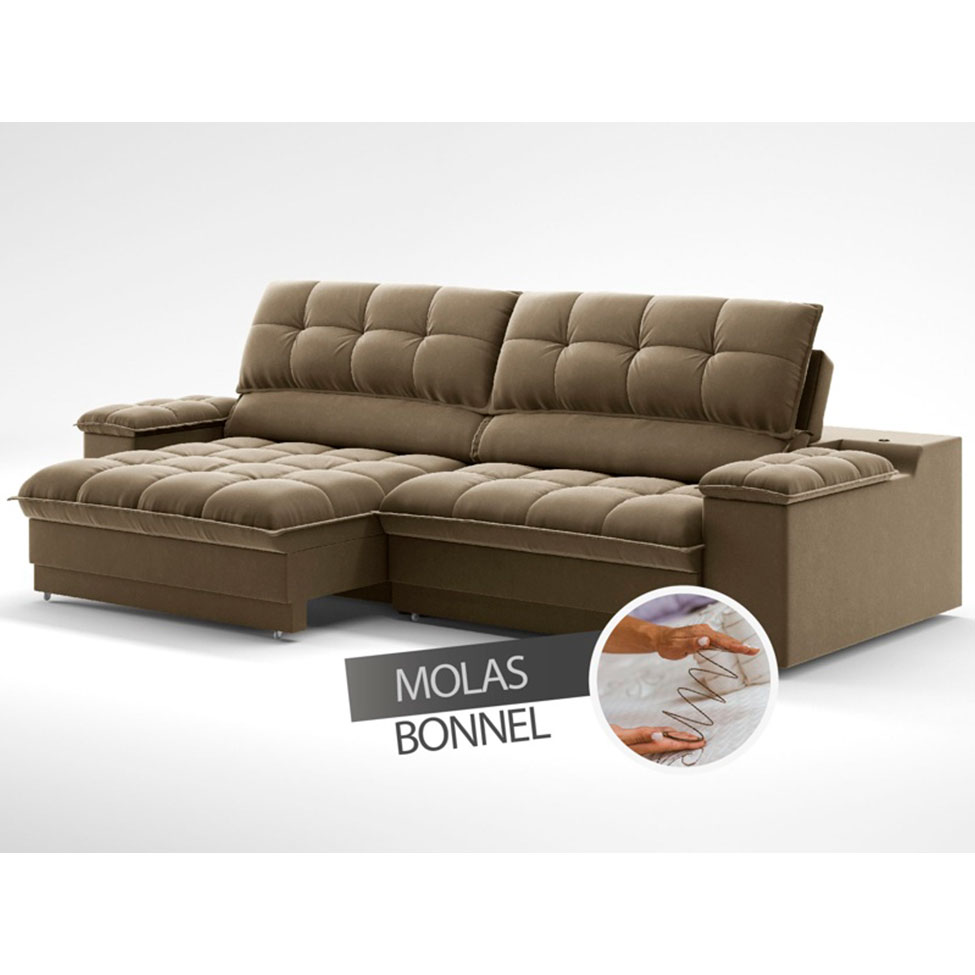 Sofá 3 Lugares Retrátil e Reclinável Helen com USB e Porta-Copos Veludo Castor 230 cm