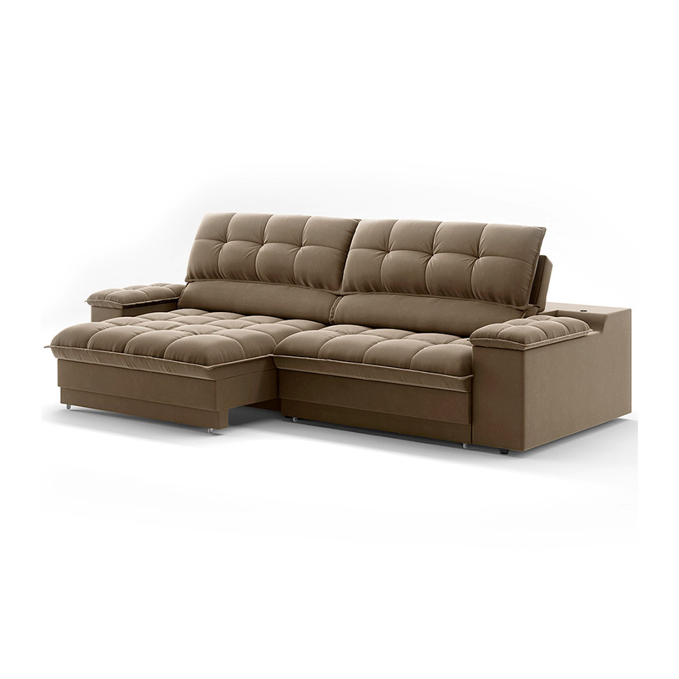 Sofá 3 Lugares Retrátil e Reclinável Helen com USB e Porta-Copos Veludo Castor 230 cm