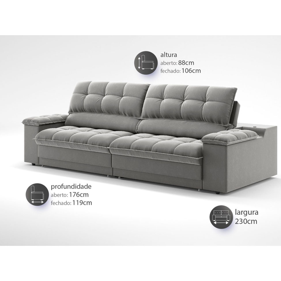 Sofá 3 Lugares Retrátil e Reclinável Helen com USB e Porta-Copos Veludo Cinza 230 cm