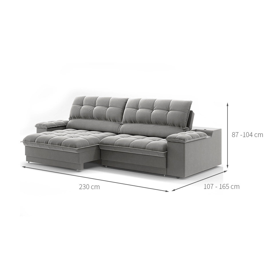 Sofá 3 Lugares Retrátil e Reclinável Helen com USB e Porta-Copos Veludo Cinza 230 cm