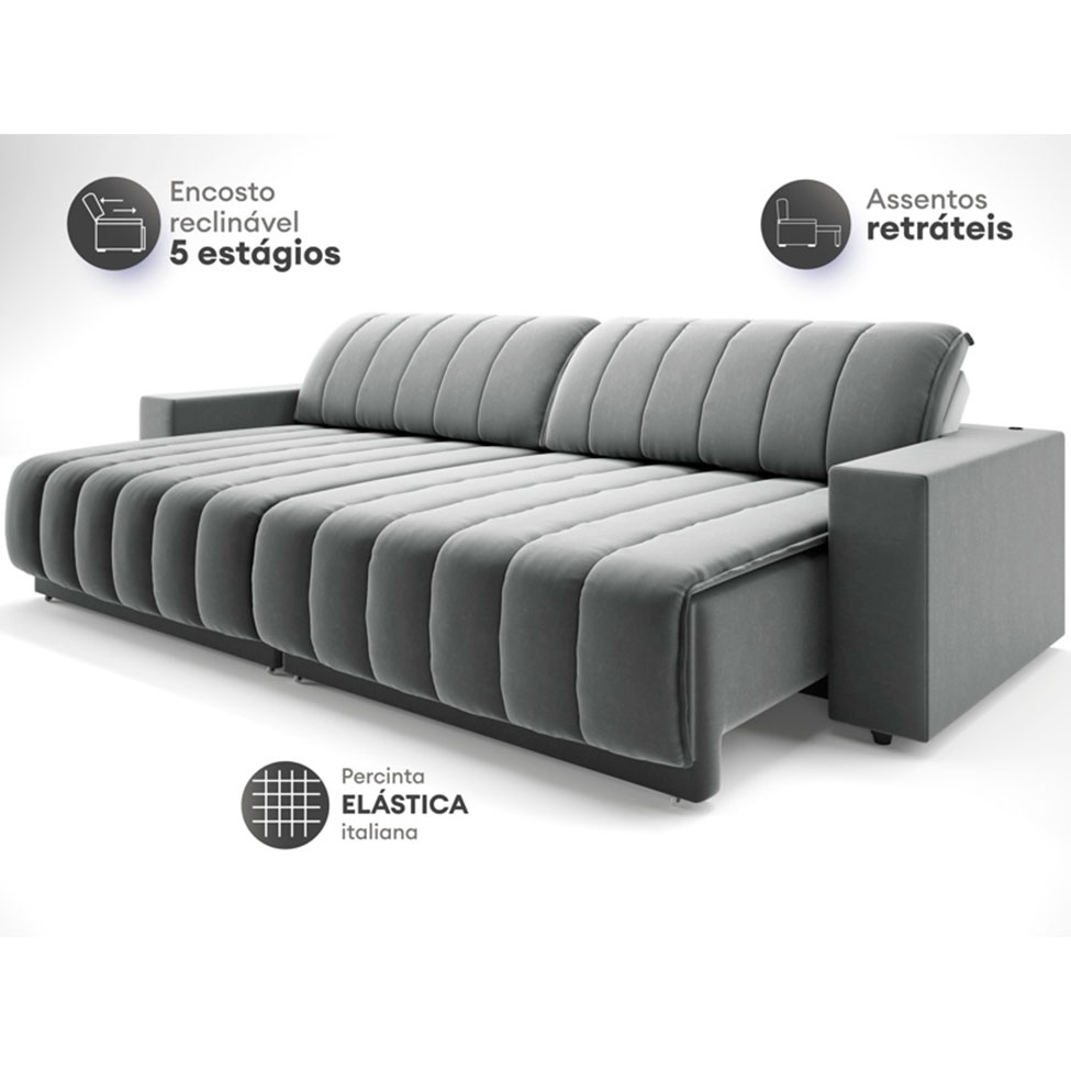 Sofá 3 Lugares Retrátil e Reclinável México com USB Veludo Cinza 240 cm