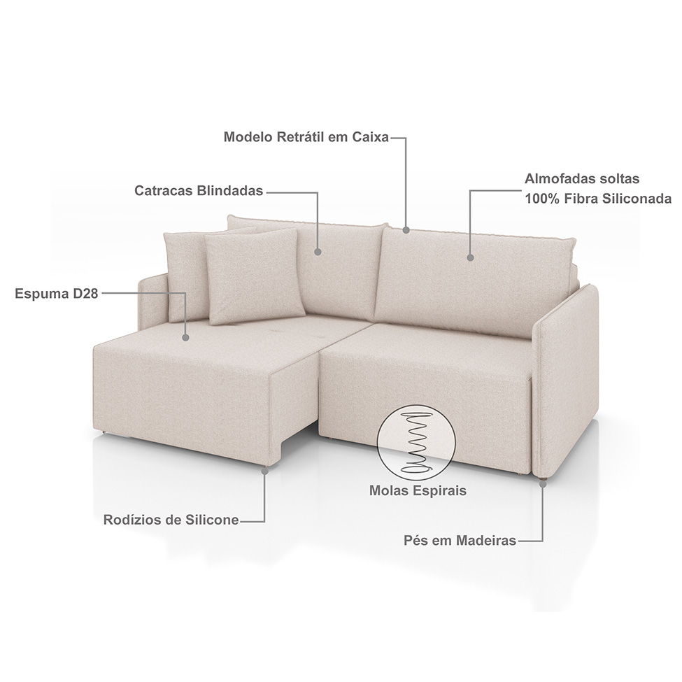 Sofá 3 Lugares Retrátil e Reclinável Malta Linho Cru 220 cm