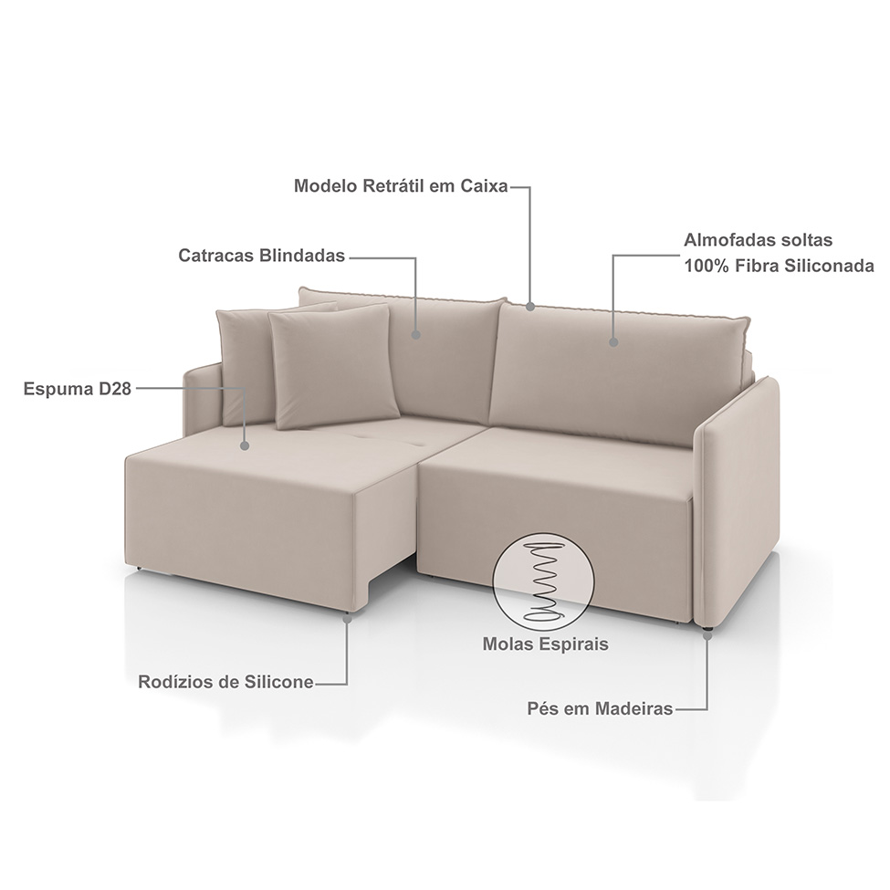 Sofá 3 Lugares Retrátil e Reclinável Malta Veludo Creme 180 cm