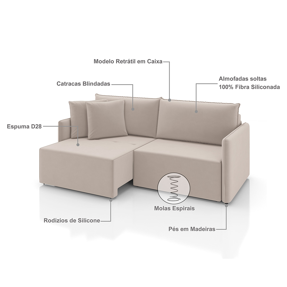 Sofá 3 Lugares Retrátil e Reclinável Malta Veludo Creme 240 cm
