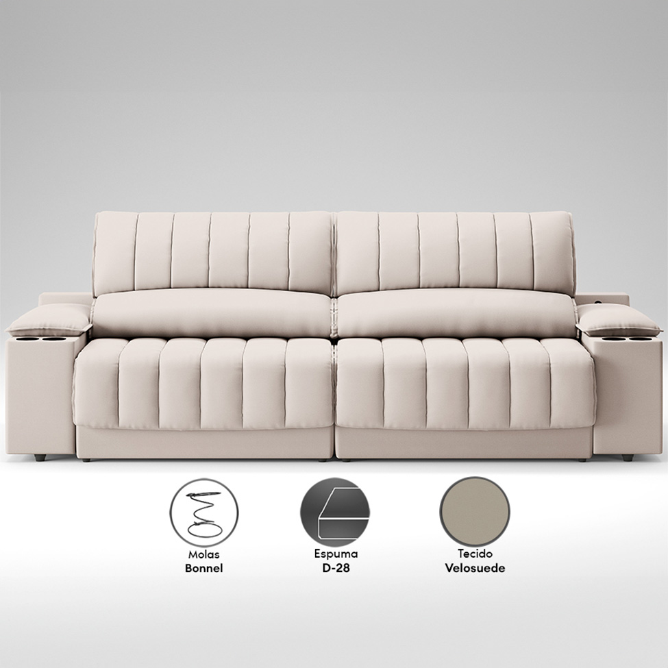 Sofá 3 Lugares Retrátil e Reclinável Murano com Porta-Copos Velosuede Areia 200 cm