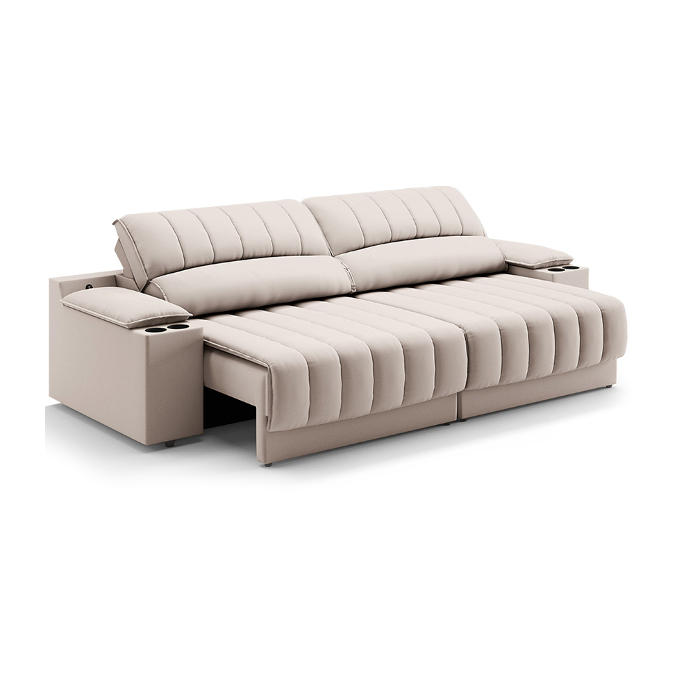 Sofá 3 Lugares Retrátil e Reclinável Murano com Porta-Copos Velosuede Areia 200 cm