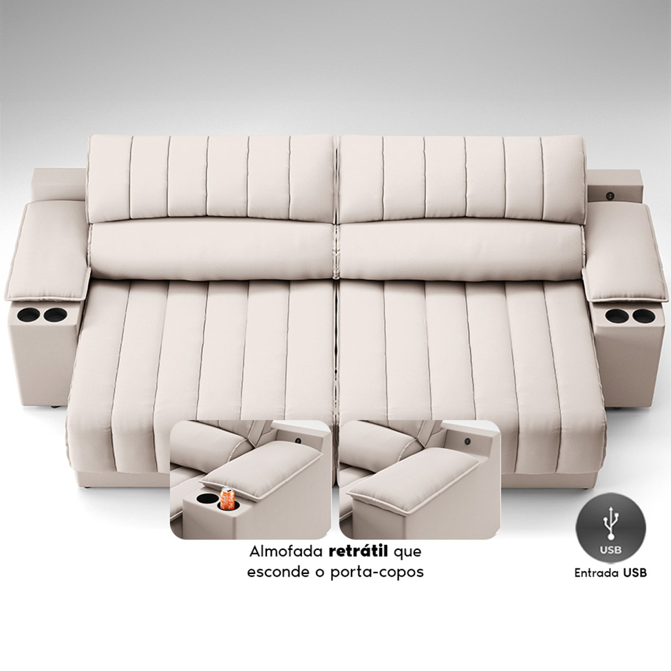 Sofá 3 Lugares Retrátil e Reclinável Murano com Porta-Copos Velosuede Areia 230 cm