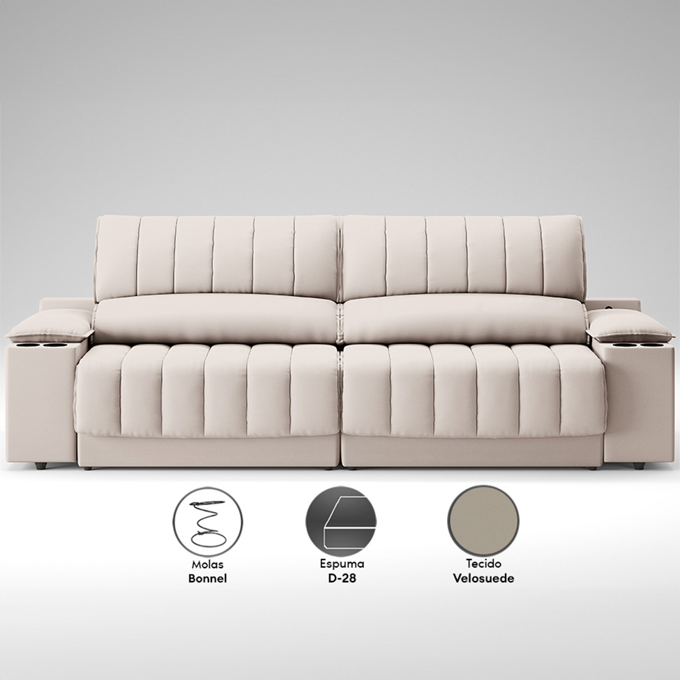Sofá 3 Lugares Retrátil e Reclinável Murano com Porta-Copos Velosuede Areia 230 cm