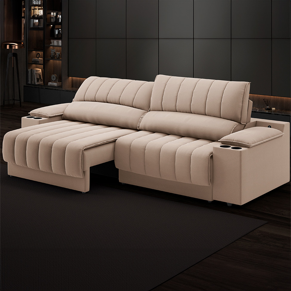 Sofá 3 Lugares Retrátil e Reclinável Murano com Porta-Copos Velosuede Capuccino 200 cm