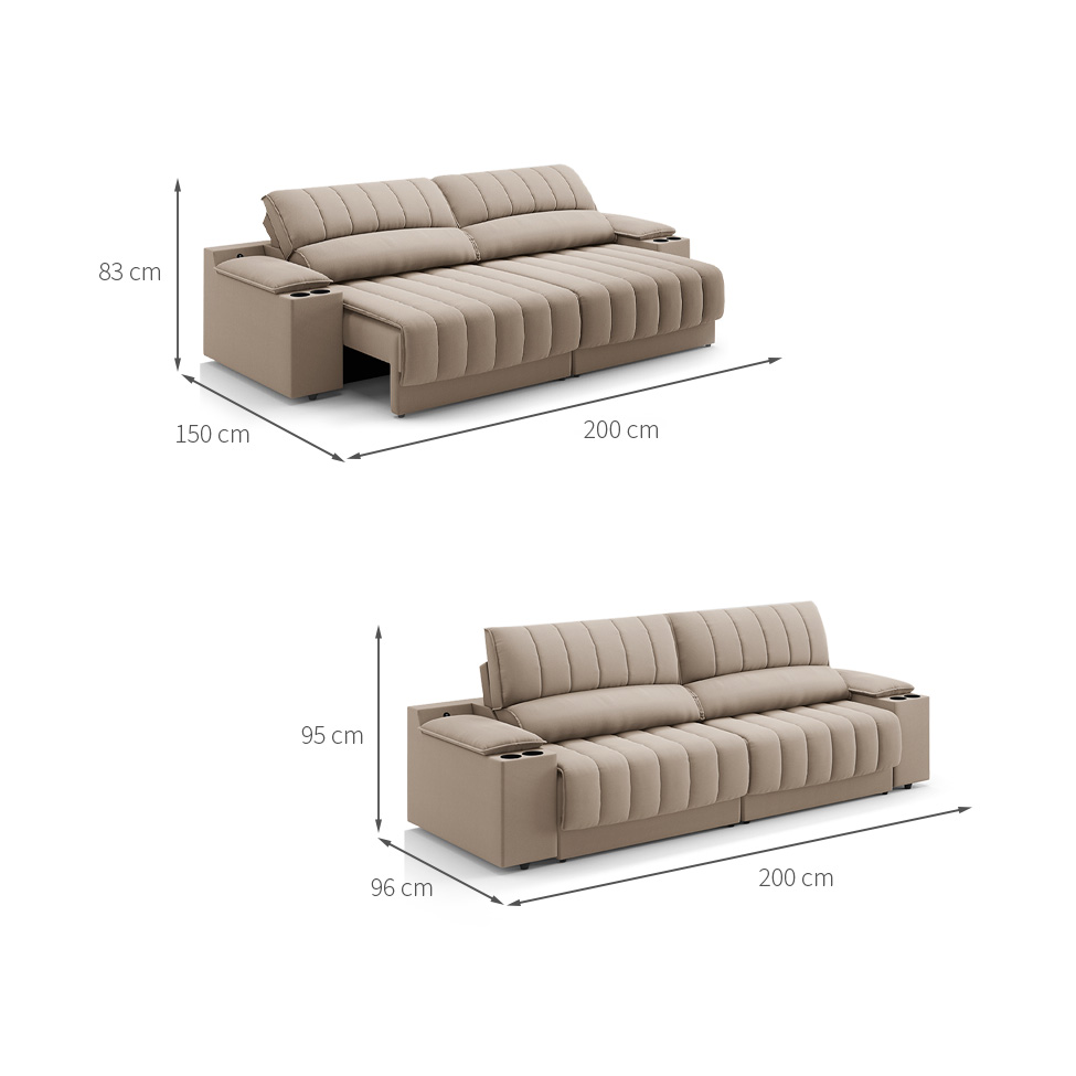 Sofá 3 Lugares Retrátil e Reclinável Murano com Porta-Copos Velosuede Capuccino 200 cm