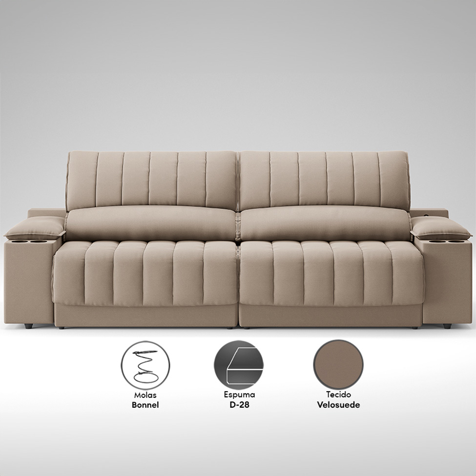 Sofá 3 Lugares Retrátil e Reclinável Murano com Porta-Copos Velosuede Capuccino 200 cm