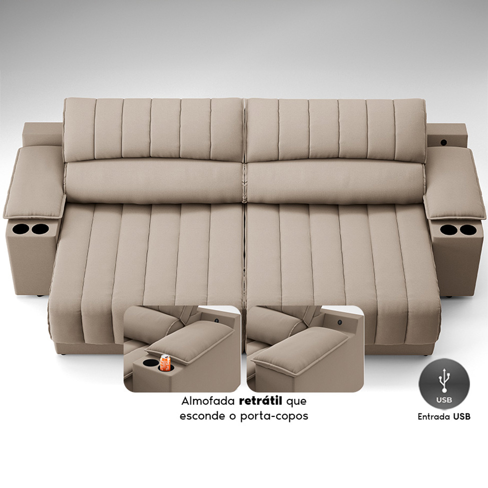 Sofá 3 Lugares Retrátil e Reclinável Murano com Porta-Copos Velosuede Capuccino 200 cm