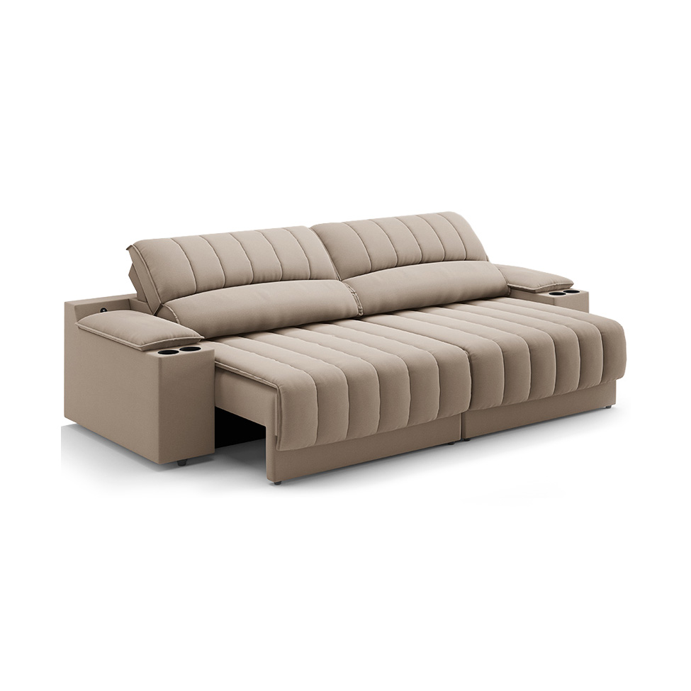 Sofá 3 Lugares Retrátil e Reclinável Murano com Porta-Copos Velosuede Capuccino 200 cm