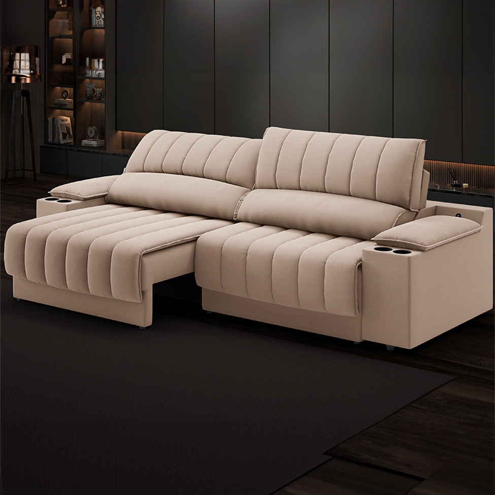 Sofá 3 Lugares Retrátil e Reclinável Murano com Porta-Copos Velosuede Capuccino 230 cm