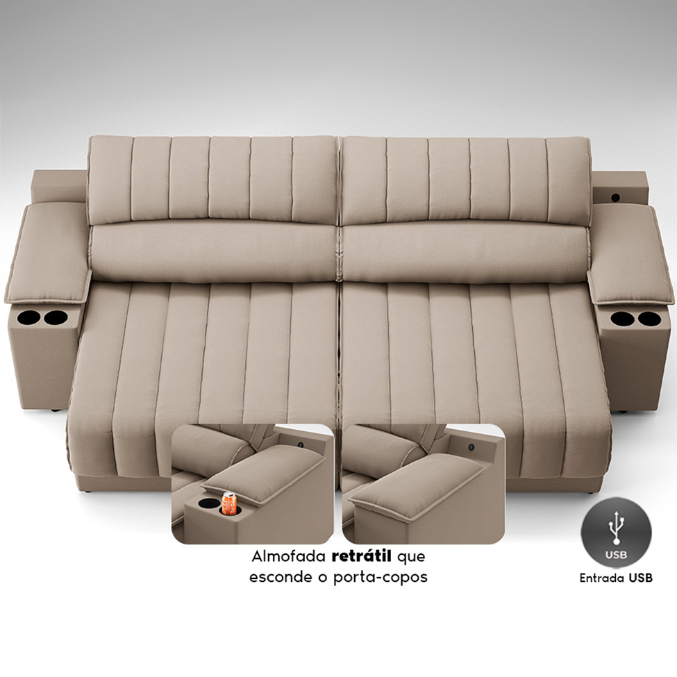 Sofá 3 Lugares Retrátil e Reclinável Murano com Porta-Copos Velosuede Capuccino 230 cm