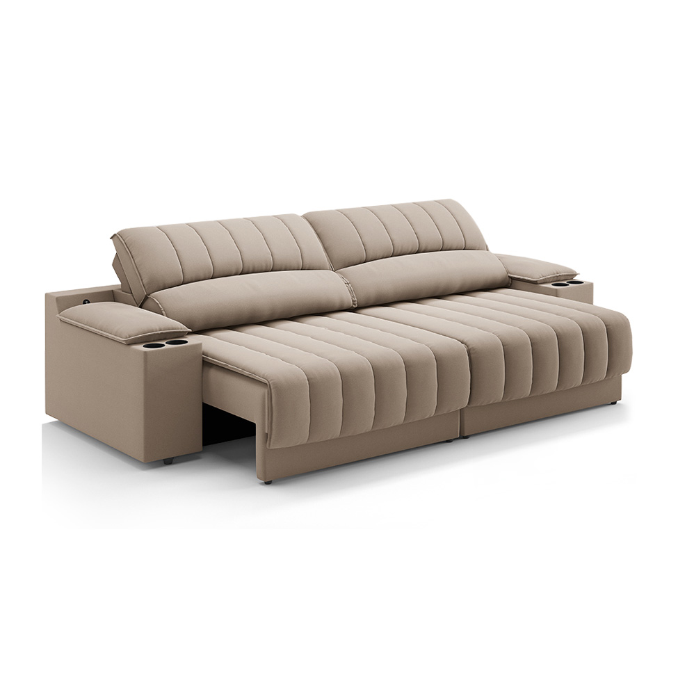 Sofá 3 Lugares Retrátil e Reclinável Murano com Porta-Copos Velosuede Capuccino 230 cm
