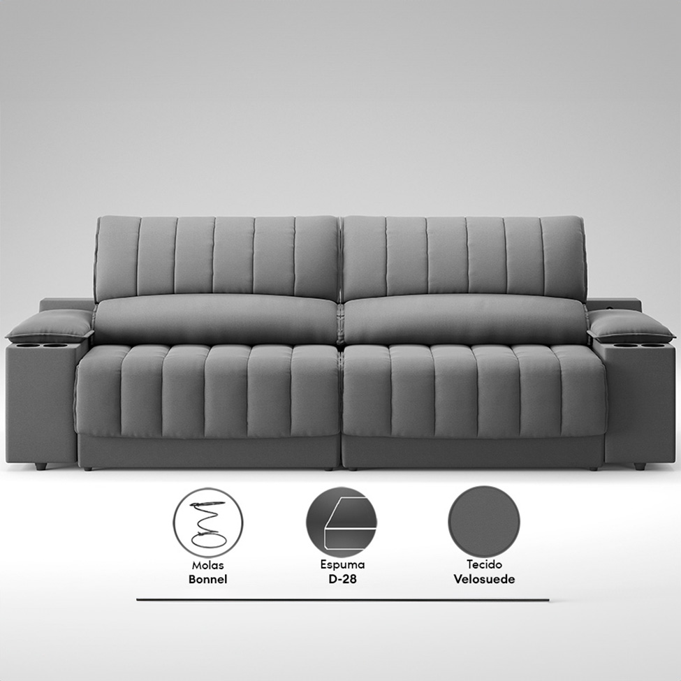 Sofá 3 Lugares Retrátil e Reclinável Murano com Porta-Copos Velosuede Grafite 200 cm