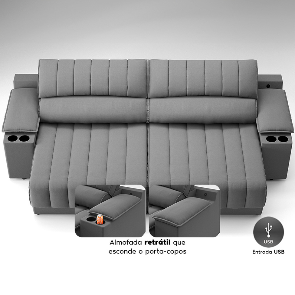 Sofá 3 Lugares Retrátil e Reclinável Murano com Porta-Copos Velosuede Grafite 230 cm