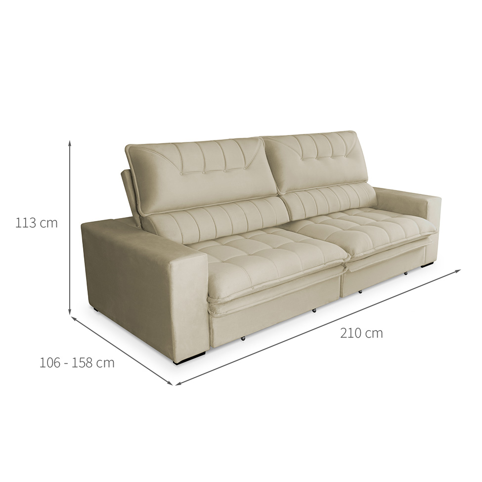 Sofá 3 Lugares Retrátil e Reclinável Mustang Veludo Bege 210 cm