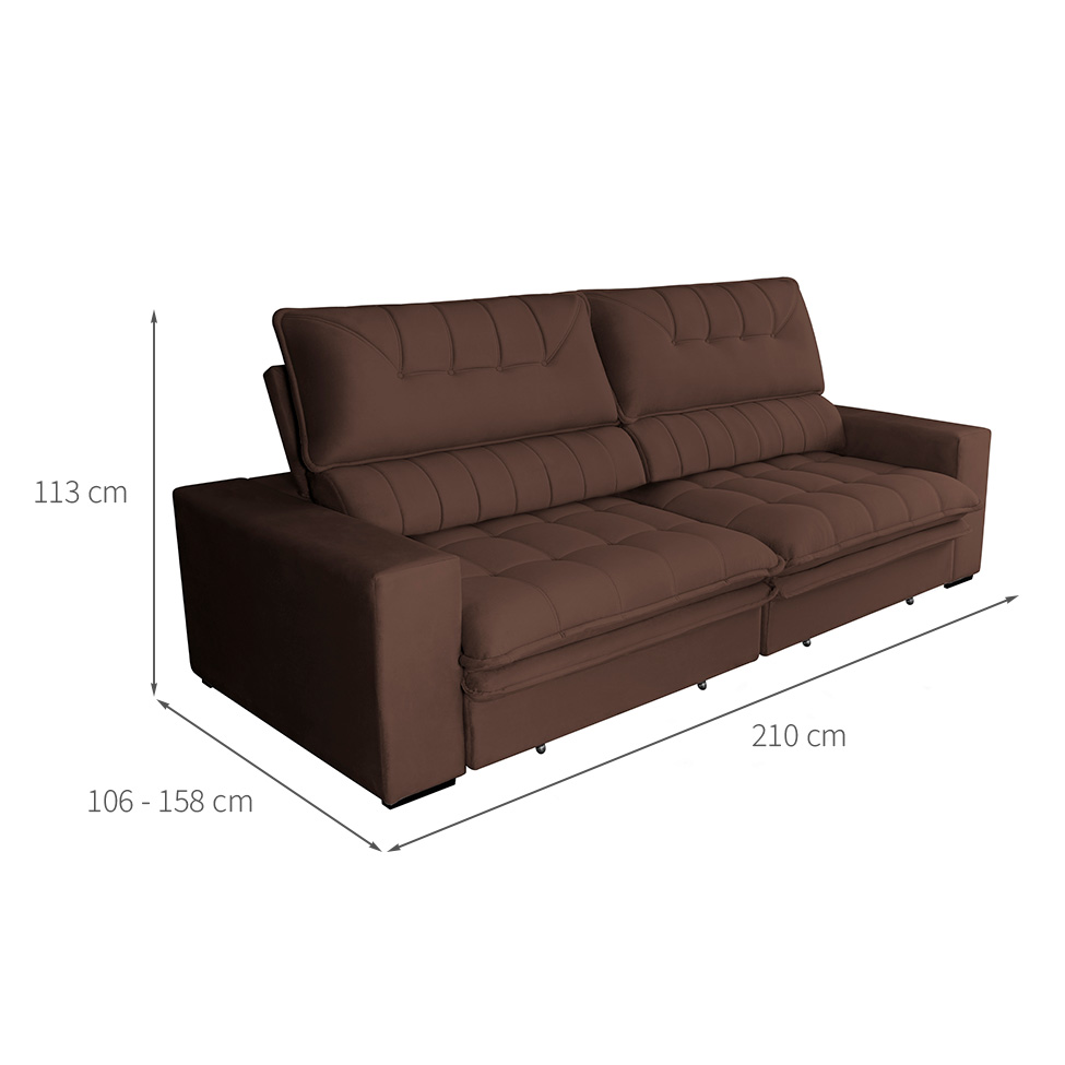 Sofá 3 Lugares Retrátil e Reclinável Mustang Veludo Café 210 cm