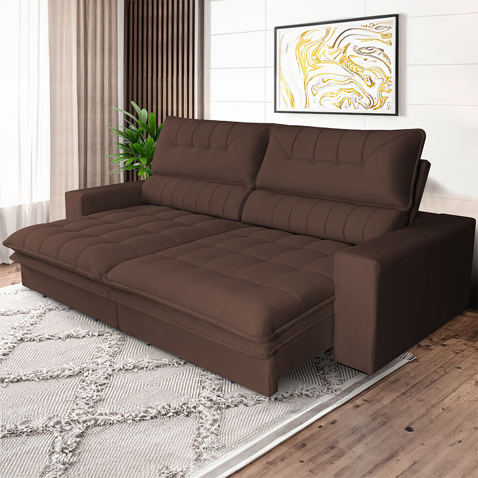 Sofá 3 Lugares Retrátil e Reclinável Mustang Veludo Café 210 cm