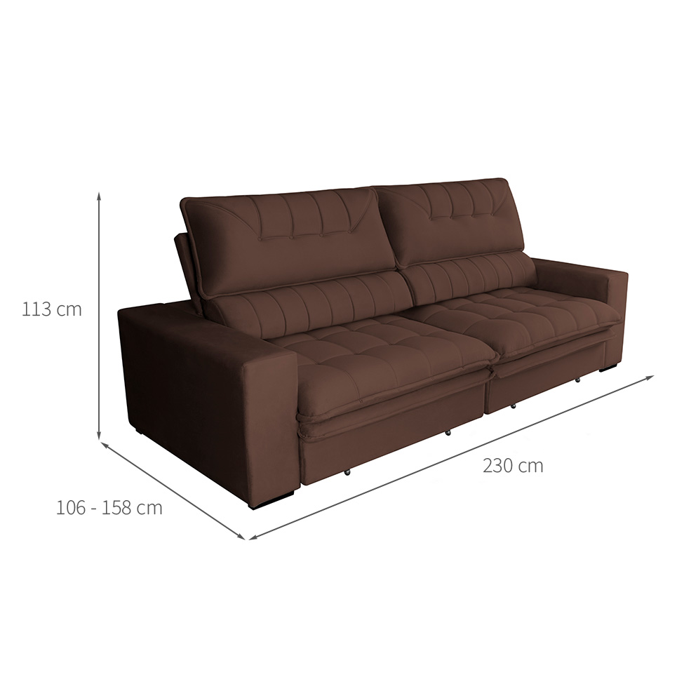 Sofá 3 Lugares Retrátil e Reclinável Mustang Veludo Café 230 cm