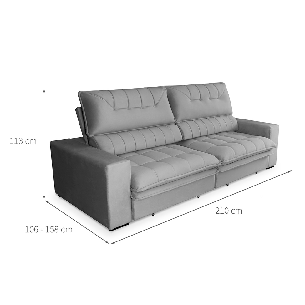 Sofá 3 Lugares Retrátil e Reclinável Mustang Veludo Cinza 210 cm