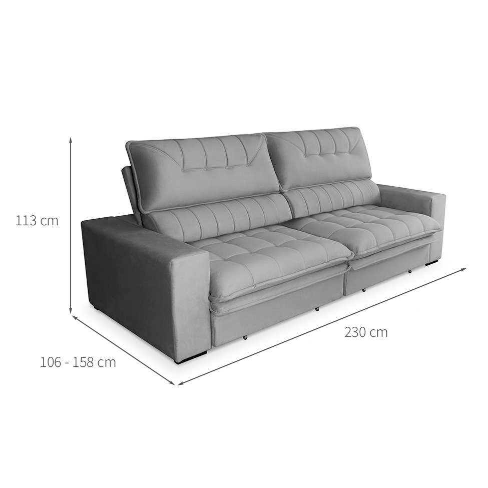 Sofá 3 Lugares Retrátil e Reclinável Mustang Veludo Cinza 230 cm