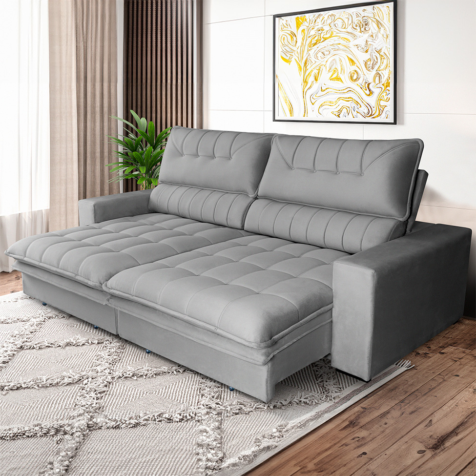 Sofá 3 Lugares Retrátil e Reclinável Mustang Veludo Cinza 230 cm
