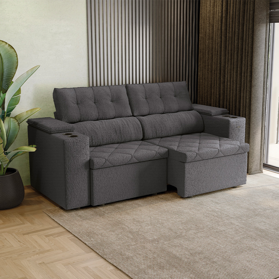 Sofá 3 Lugares Retrátil e Reclinável Otto com Porta-Copos Bouclé Chumbo
