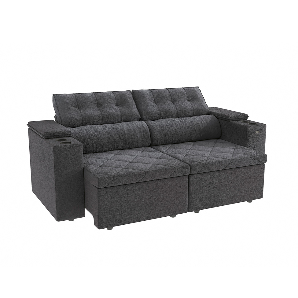 Sofá 3 Lugares Retrátil e Reclinável Otto com Porta-Copos Bouclé Chumbo