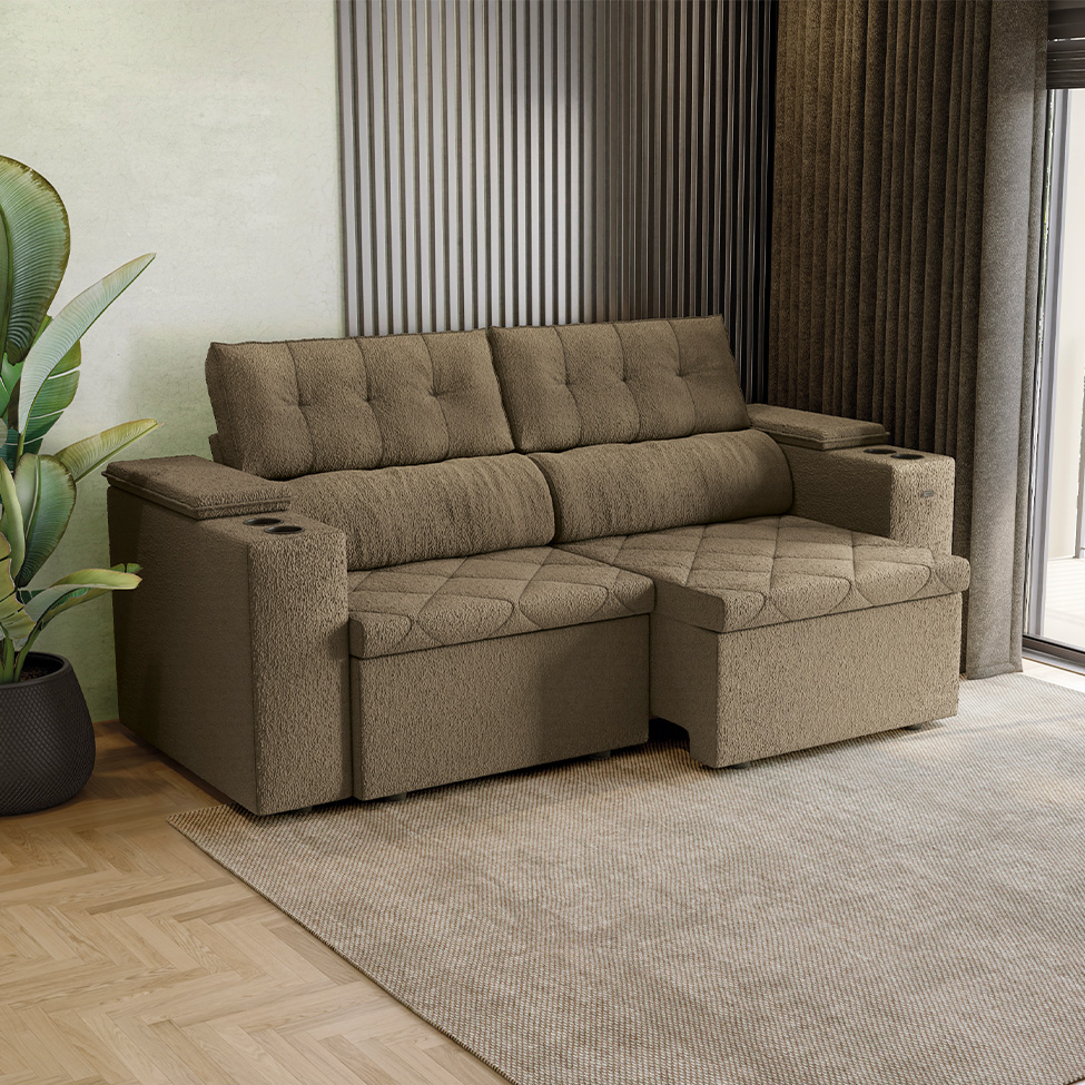 Sofá 3 Lugares Retrátil e Reclinável Otto com Porta-Copos Bouclé Fendi