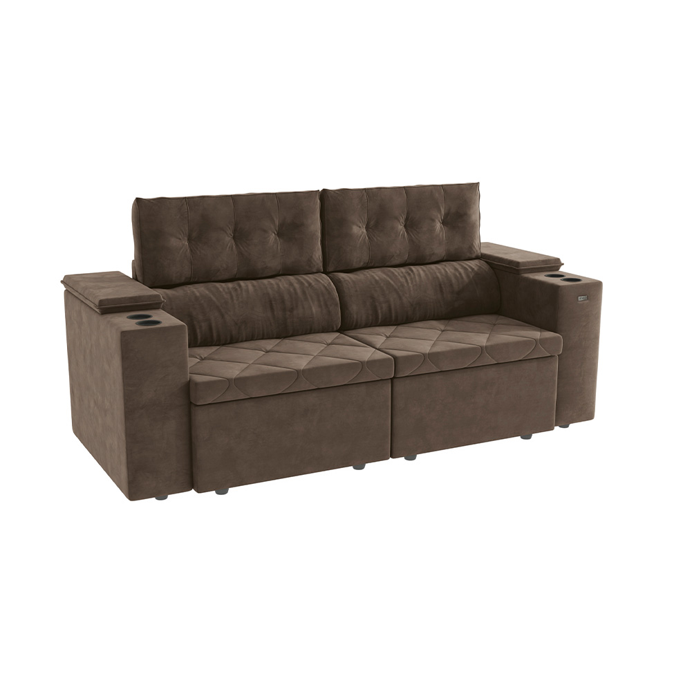 Sofá 3 Lugares Retrátil e Reclinável Otto com Porta-Copos Bouclé Marrom