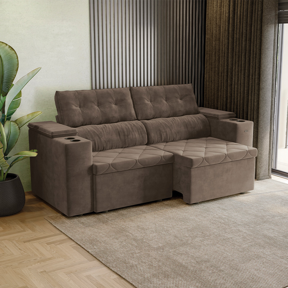 Sofá 3 Lugares Retrátil e Reclinável Otto com Porta-Copos Bouclé Marrom