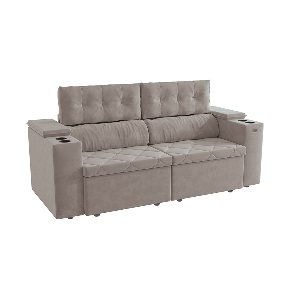 Sofá 3 Lugares Retrátil e Reclinável Otto com Porta-Copos Veludo Cinza Claro