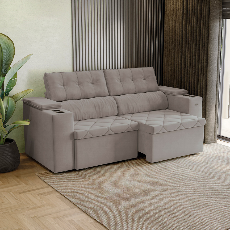 Sofá 3 Lugares Retrátil e Reclinável Otto com Porta-Copos Veludo Cinza Claro