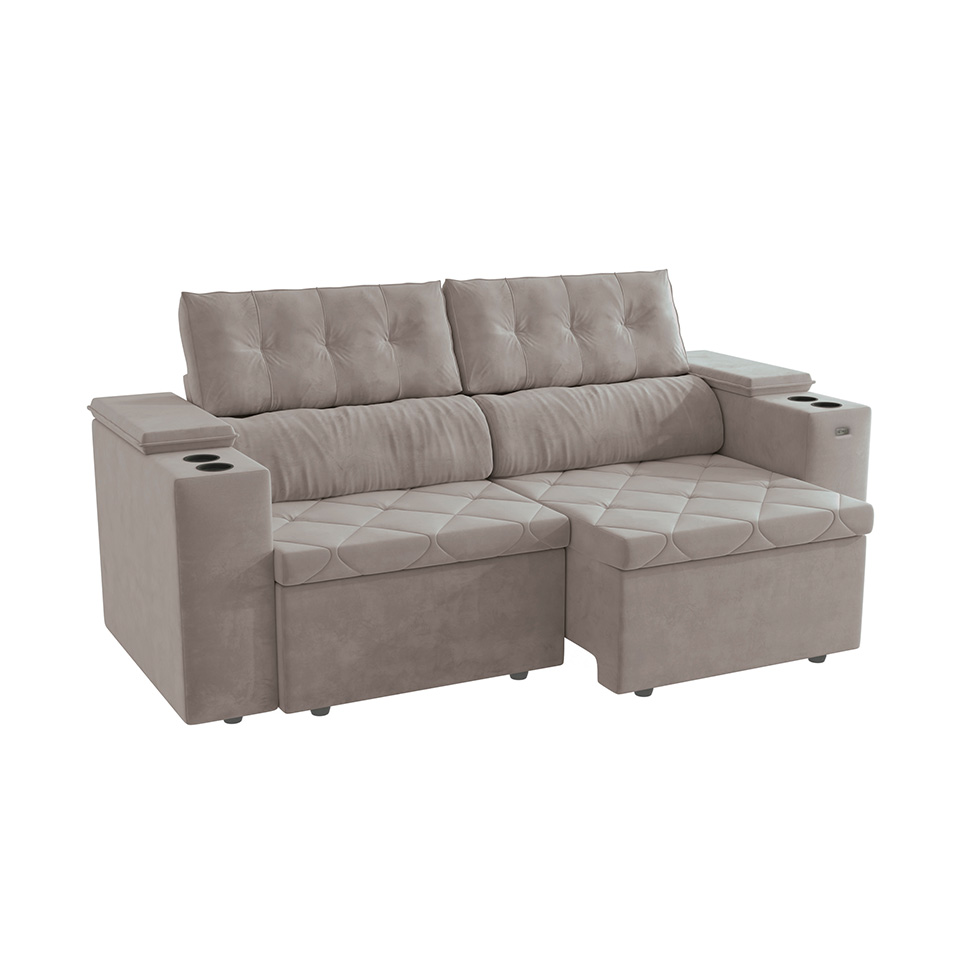 Sofá 3 Lugares Retrátil e Reclinável Otto com Porta-Copos Veludo Cinza Claro