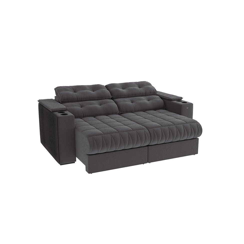 Sofá 3 Lugares Retrátil e Reclinável Premier com Porta-Copos Veludo Chumbo