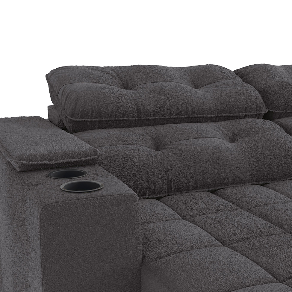 Sofá 3 Lugares Retrátil e Reclinável Premier com Porta-Copos Veludo Chumbo
