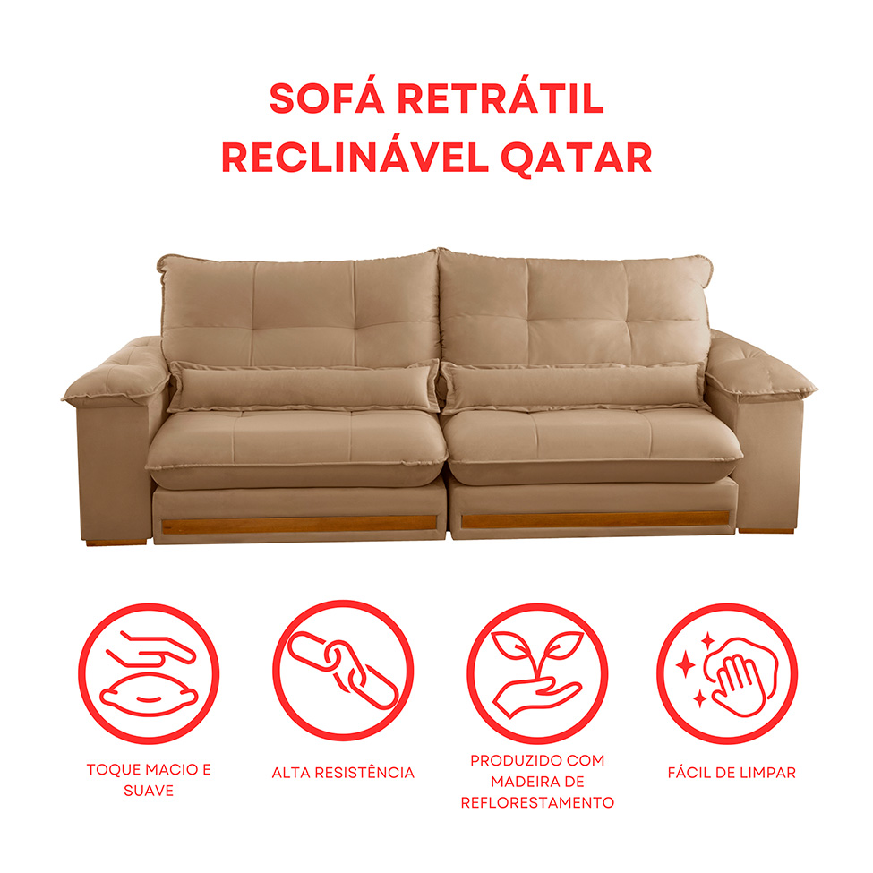 Sofá 3 Lugares Retrátil e Reclinável Qatar Linho Bege 200 cm