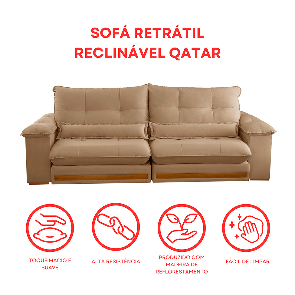 Sofá 3 Lugares Retrátil e Reclinável Qatar Linho Bege 220 cm