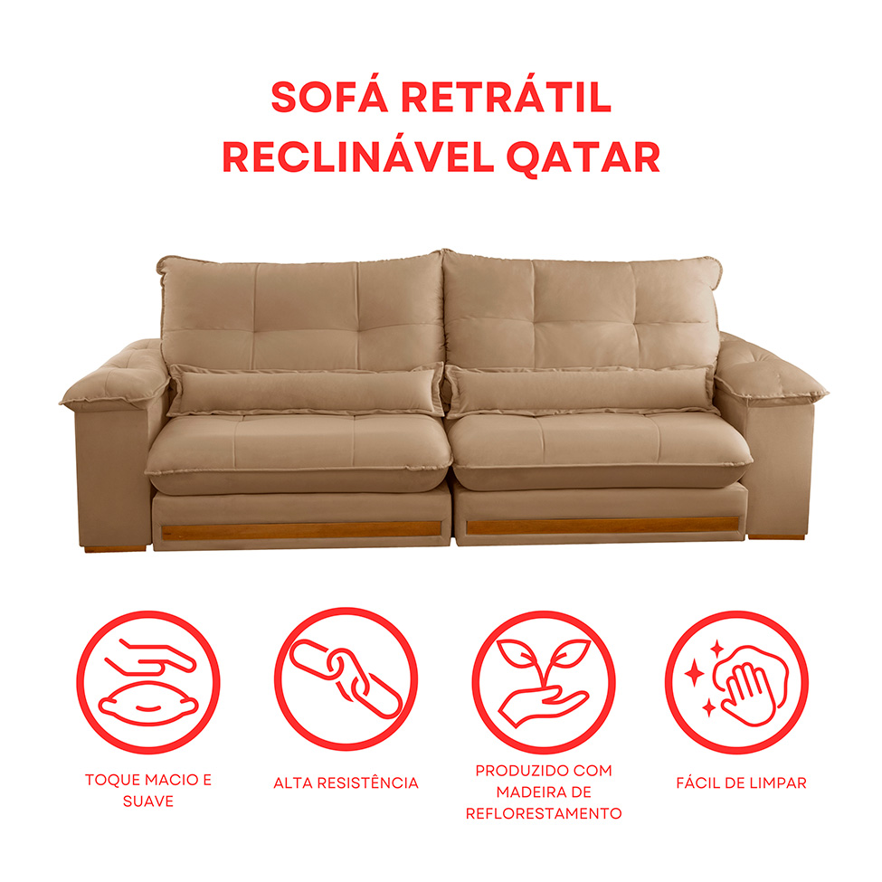 Sofá 3 Lugares Retrátil e Reclinável Qatar Linho Bege 240 cm