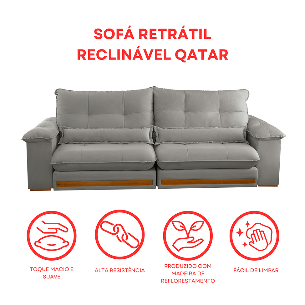 Sofá 3 Lugares Retrátil e Reclinável Qatar Linho Cinza 220 cm