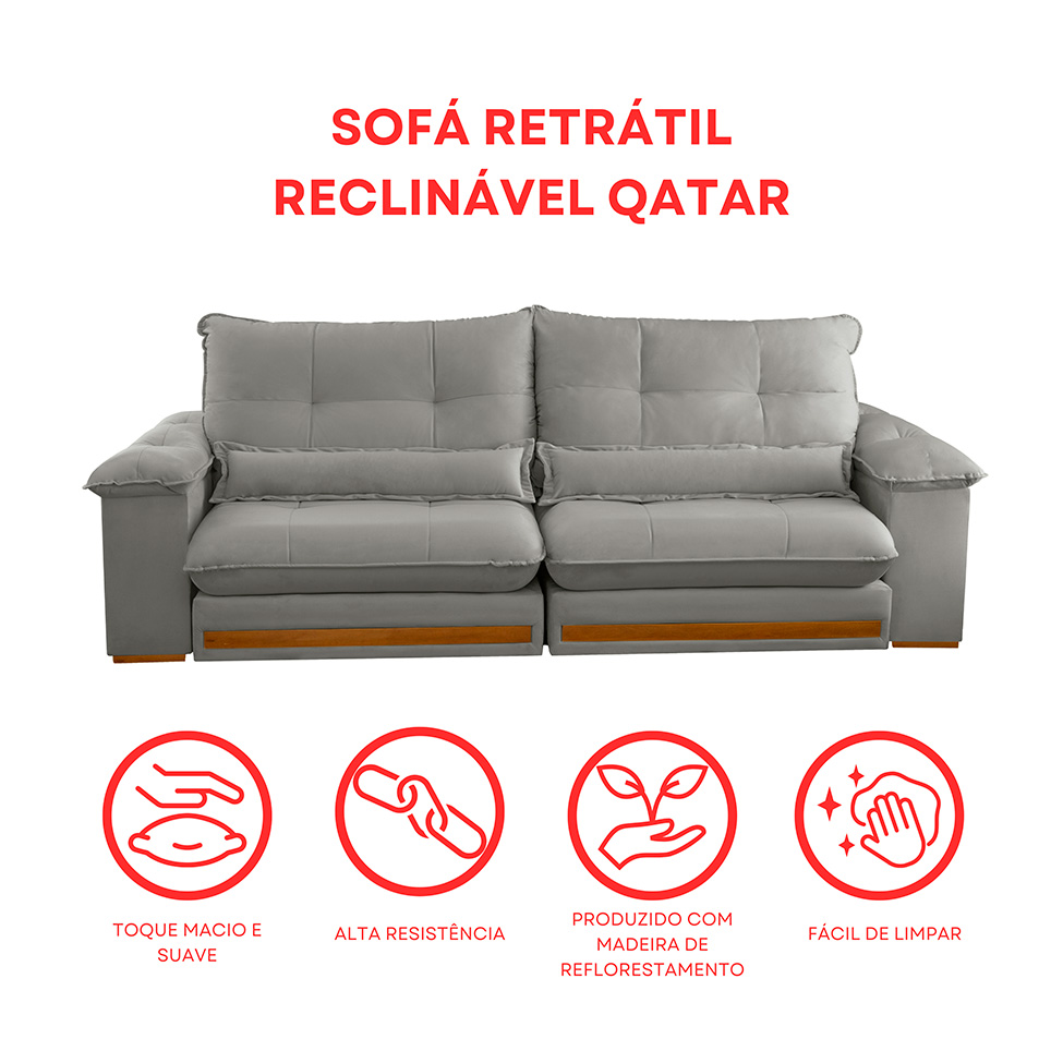 Sofá 3 Lugares Retrátil e Reclinável Qatar Linho Cinza 240 cm
